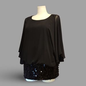 Elegant Black Sequin batwing tunic blouson-style top 2x Boujee Goth Formal Party